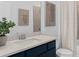 A bathroom featuring a blue vanity with a white countertop and geometric decorations at 7062 Rosy Sky Ave, Orlando, FL 32829