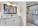 Bright bathroom featuring a vanity, decorative mirror, and a glass-enclosed shower at 102 Spanish Moss Ct, Orlando, FL 32828