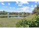 Backyard view showcasing a serene pond surrounded by well-maintained lawns and lush greenery at 176 Blue Jay Way, Davenport, FL 33896