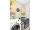 Functional laundry room equipped with a modern washer and dryer, along with ample cabinet storage at 2168 Continental St, St Cloud, FL 34769