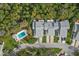 Aerial view of a residential property showcasing a pool, driveway, and well-manicured landscaping at 35 Misners Trl, Ormond Beach, FL 32174