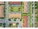 Aerial view of townhomes with private pools in a well-maintained community with lush landscaping at 4865 Clock Tower Dr, Kissimmee, FL 34746