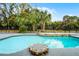 Backyard swimming pool featuring a rock detail, a fence, palm trees and lush surrounding greenery at 8908 Turnberry Ct, Orlando, FL 32819