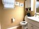 Cozy bathroom with toilet and sink featuring a white vanity, mirror and storage cabinet at 203 Flounder Pl, Kissimmee, FL 34759