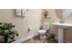 Half bathroom featuring decorative tile, flowers, and a pedestal sink at 7135 Ticklegrass St, Winter Garden, FL 34787