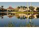 Scenic waterfront view with buildings reflected in the calm water and lush reeds in the foreground at 506 Mirasol Cir # 202, Celebration, FL 34747