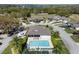 Aerial view of the home featuring a screened-in pool, patio furniture, and lush landscaping at 8722 Village Green Blvd, Clermont, FL 34711