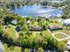 Aerial view of a lakefront property with a single-story home, lush landscaping, and a private lake access at 9744 Cub Cv, Apopka, FL 32703