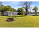 Lush backyard leads to a lake, and includes a fire pit, garage, and a dock at 9744 Cub Cv, Apopka, FL 32703