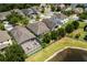 An aerial view of the homes in the community, showcasing fenced in yards, landscaping, and a nearby pond at 10942 High Bush Ct, Orlando, FL 32825