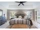 This spacious main bedroom includes tray ceilings, a fan, and a large sliding door to the pool area at 17220 Countrybrook Ln, Orlando, FL 32820