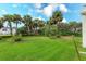Spacious backyard with palm trees, grassy area, and clothesline at 476 Zelda Blvd, Daytona Beach, FL 32118