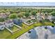Picturesque aerial view highlighting properties next to a scenic pond, complemented by lush green surroundings at 13212 Briar Forest Ct, Orlando, FL 32828