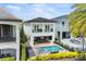 Elevated backyard view showcasing the pool, spa, covered patio, and surrounding landscape at 1543 Corolla Ct, Reunion, FL 34747