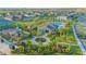 Aerial view of community amenities featuring a pool, playground, clubhouse, lush landscaping, and surrounding homes at 5709 Sagunto Dr, Davenport, FL 33897