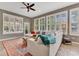 Cozy living room featuring large windows, a comfortable sectional, an unique coffee table, and a ceiling fan at 8244 Oakland Pl, Orlando, FL 32819