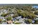 Expansive aerial view of a residential neighborhood with mature trees and a glimpse of a lake in the background at 2723 Beacon St, Eustis, FL 32726