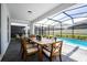 Enjoy outdoor living on the screened patio with dining area and access to a private pool at 3428 Lilac Way, Davenport, FL 33897