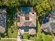 Aerial view of a home showcasing a backyard pool, paver patio, and mature landscaping at 5325 Cypress Reserve Pl, Winter Park, FL 32792