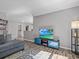 Living room featuring a TV, dark wood floors, a light gray couch, and an area rug at 5325 Cypress Reserve Pl, Winter Park, FL 32792