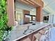 Outdoor kitchen boasts a marble countertop bar, outdoor seating, a lush green wall and natural lighting at 10032 Brocksport Cir, Gotha, FL 34734