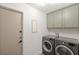 Well-organized laundry room with modern washer and dryer, and sage green cabinets at 2511 Chatham Cir, Kissimmee, FL 34746