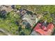 An overhead view of a home features a screened pool and landscaping with lush greenery and a driveway at 3352 Park Grove Ct, Longwood, FL 32779