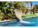 Swimming pool with a slide surrounded by lush tropical plants creating a fun backyard oasis at 1148 Grand Traverse Pkwy, Reunion, FL 34747