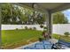 Inviting covered patio with comfortable seating and decor overlooking the spacious, green backyard at 1150 August Sky Dr, Deltona, FL 32738