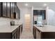 Modern kitchen featuring stainless steel appliances, dark cabinets, and quartz countertops, plus large walk-in pantry at 14007 Picard Aly, Winter Garden, FL 34787