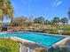 Inviting community pool featuring a bright blue surface, palm trees, and a clear blue sky at 3635 Kingswood Ct, Clermont, FL 34711