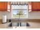Close-up of the kitchen sink and granite countertop, with a window view of the lake and greenery at 40610 Babb Rd, Umatilla, FL 32784