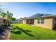 Lush green backyard featuring healthy lawn, mature palm trees, a privacy fence, and home with solar panels at 4862 Grand Vista Ln, St Cloud, FL 34771