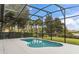 A screened-in pool with beautiful landscaping, including palm trees and green grass, provides a luxurious backyard oasis at 1205 Butterfly Orchid Rd, Davenport, FL 33837