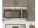 Stainless steel microwave installed above the stove with gray cabinets and white subway tile backsplash at 13252 Sw 85Th Cir # 58, Ocala, FL 34473
