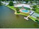 Aerial view of community pool, outdoor fireplace, recreation center, shuffleboard courts and waterfront access at 223 Pinewood Dr, Eustis, FL 32726
