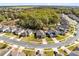 Aerial view showcases the house on a cul-de-sac with mature trees and close proximity to other homes at 34626 Salerno Cir, Sorrento, FL 32776
