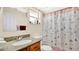 Bathroom features a vanity, mirror, toilet, and shower with decorative curtain at 37149 Sandy Ln, Grand Island, FL 32735
