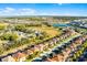 High angle view of homes nestled in a community near a lake, surrounded by greenery and clear blue sky at 5260 Oakbourne Ave, Davenport, FL 33837