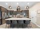 Modern kitchen with dark cabinets, large island with seating, pendant lighting, and stainless steel appliances at 10732 Petrillo Way, Winter Garden, FL 34787