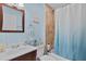 Bathroom featuring a shower with blue accents and a wooden vanity at 19624 E Umatilla Blvd, Umatilla, FL 32784