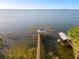 Aerial view showcasing the private dock with boat house extending into the serene lake waters at 3279 Landing Vw, Tavares, FL 32778