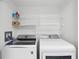 A functional laundry room with a modern washer and dryer set and wire shelving for storage at 202 E South St # 5046, Orlando, FL 32801