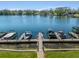 Lakefront view of private boat docks with multiple boat slips on a clear, sunny day with waterway access at 204 Quayside Cir # 501, Maitland, FL 32751