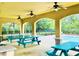 Poolside pavilion with picnic tables and ceiling fans for outdoor entertaining at 2144 Rookery Ln, Sanford, FL 32773