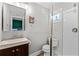 Bright bathroom with modern fixtures, a glass-enclosed shower, and wood-look flooring at 515 Clayton St, Orlando, FL 32804