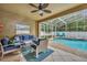 Relaxing screened patio with a blue sofa and a private pool at 13812 Magnolia Glen Cir, Orlando, FL 32828