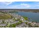 An elevated view of the neighborhood exhibiting its townhomes, green spaces, and access to a serene lake under a bright sky at 502 Rainbow Springs Loop, Groveland, FL 34736