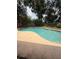 Kidney-shaped in-ground pool surrounded by a concrete patio and mature trees at 100 Huntswood Ct, Longwood, FL 32750