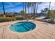 Community hot tub on paver patio surrounded by shrubbery and trees, with blue metal railings for safety at 1290 Grady Ln # 20232, Davenport, FL 33896